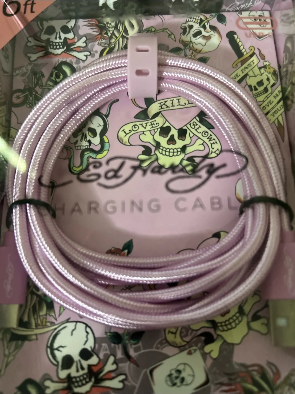 Ed Hardy USB to USB-C Cable in Pink Skull Print Packaging